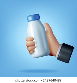 Botella de vidrio 3D con leche en mano aislada. Render Botella de plástico realista de leche. Contenedor de paquete de bebidas lácteas de leche. Producto Orgánico Saludable. Ilustración vectorial