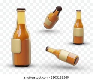 3D glass bottle, view from different angles. Element for web design, advertising creation, mobile application design. Color filled bottle with blank label. Beer themed set