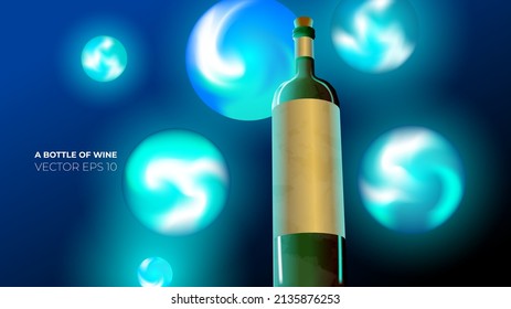 botella de vino 3d de vidrio con reflecciones y realce. Fondo de diseño con formas luminosas y geométricas. Modelación vectorial realista para postales, afiches, invitaciones y materiales promocionales.