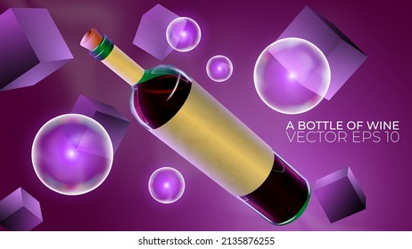 botella de vino 3d de vidrio con reflecciones y realce. Fondo de diseño con formas luminosas y geométricas. Modelación vectorial realista para postales, afiches, invitaciones y materiales promocionales.