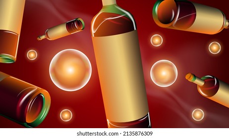 botella de vino 3d de vidrio con reflecciones y realce. Fondo de diseño con formas luminosas y geométricas. Modelación vectorial realista para postales, afiches, invitaciones y materiales promocionales.