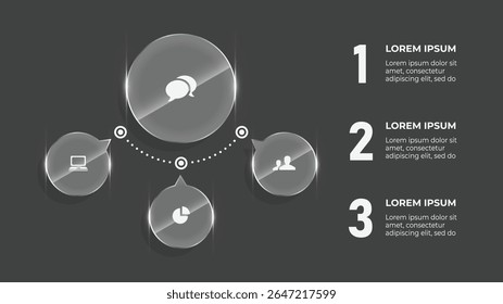 Infográfico de negócios em vidro 3D — 3 opções de fluxograma com design futurista e visualização de dados digitais