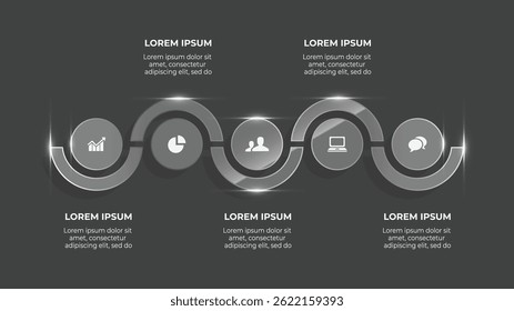 3D Glass Business Timeline with 5 Process Steps – Glass Effect Infographic on Black Background with Data, Finance, and Business Charts