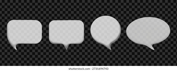 Bolha de bate-papo de vidro 3D com efeito transparente para texto e fala. Elemento de comunicação realista moderno para design de aplicativos, web e interface digital. Ilustração vetorial.
