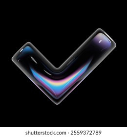 3D glass check mark with holographic reflections and glossy transparent surface. Rendered isolated tick symbol or correct sign. Futuristic design element for UI, approval icons, digital projects