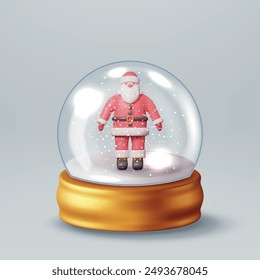 3D Glass Christmas Snow Globe with Santa Claus Isolated. Render Sphere Podium with Santa Claus. New Year Decoration. Merry Christmas Holiday. Xmas Celebration. Realistic Vector Illustration