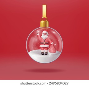 Globo de nieve de Navidades de vidrio 3D con Santa Claus aislado. Render Esfera con Papá Noel. Decoración de Año Nuevo. Feliz Navidad Festiva. Celebración de Navidad. Ilustración vectorial realista