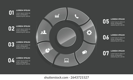 Círculo de vidrio 3D Infografía de línea de tiempo de negocios de 7 pasos con iconos de estilo de vida saludable y fitness