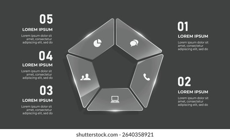 3D Glass Circle Infographic with 5 Business Steps – Creative Timeline with Caution and Attention Icons