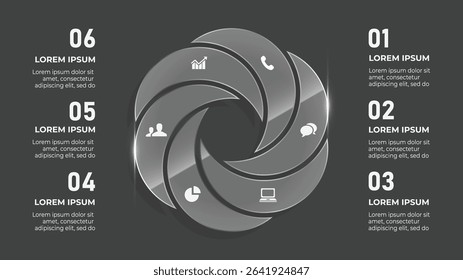 3D Glass Circle Infographic. 6 Step Business Timeline with Digital Disc, Data Analysis, and Flat Design Icons