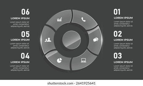 3D Glass Circle Infographic. 6 Steps Business Timeline with Solar System Planets, Space Icons, and Astronomy Concept Design