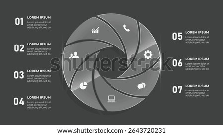 3D Glass Circle Infographic – 7 Step Business Timeline with Audio, Camera, and Tech Gadget Icons