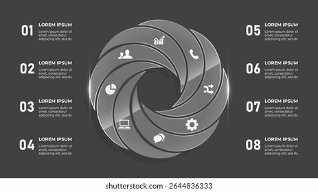 Círculo de vidro 3D Infográfico com 8 etapas - Business Timeline e visualização de dados financeiros para publicidade e folhetos