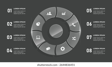 3D Glass Circle Infographic 8 Steps – Business Timeline with Directional Arrows, Buttons, and Vector Icons for Accurate Workflow