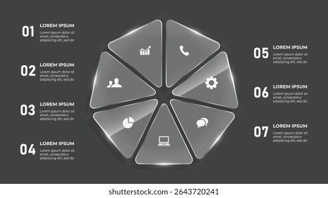 3D Glass Circle Infographic.7 Step Business Timeline with Cinema and Multimedia Icons on Black Background
