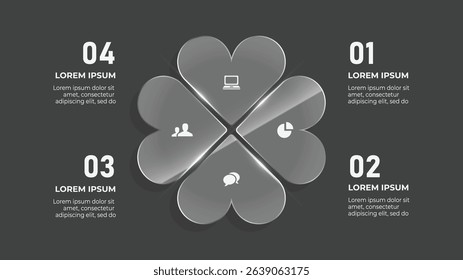 3D Glass Circle Leaf Infographic with 4 Steps for Business Finance, E-commerce, and Digital Payment Timeline
