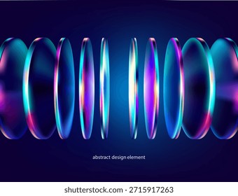 Círculo de vidrio 3D y óvalos. Formas geométricas iridiscentes transparentes sobre fondo oscuro. Elementos de Vector Abstractas para diseño de pósters y presentaciones.