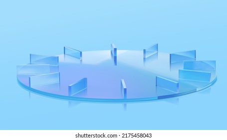 3d glass clock plate with geometric pointers made of clear blue glass, isolated on blue background. Suitable for product display.