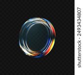 3d glass coin icon with refraction and holographic effect isolated on dark background. Render transparent glass coin with overlay dispersion light, rainbow gradient. 3d vector morphism