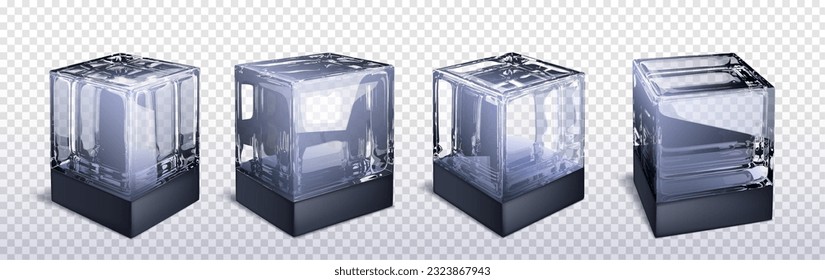 3D-Glas-Würfel-Vektorgrafik einzeln auf transparentem Hintergrund. Krebsschwarz-weißer geometrischer Block mit Reflexion. Glossy Acrylobjektdesign Polygon Set. Brillenfuturistische Kunstsymbol
