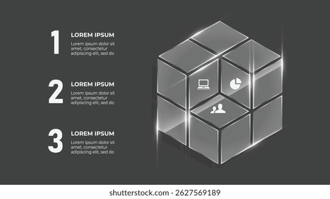 Infográfico de cubo de vidro 3D com processo de negócios de 3 a 12 passos, fluxo de dados financeiros e projeto de fundo escuro