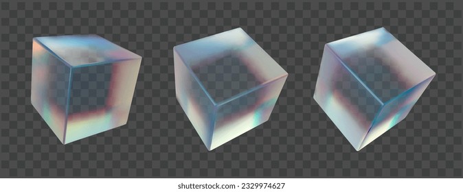 Forma de prisma del cubo de vidrio 3d. Dispersión abstracta, efecto holográfico y de reflexión sobre la estera brillante y plexiglás ásperos. Elementos voladores primitivos traslúcidos con colección aislada de espectro moderno
