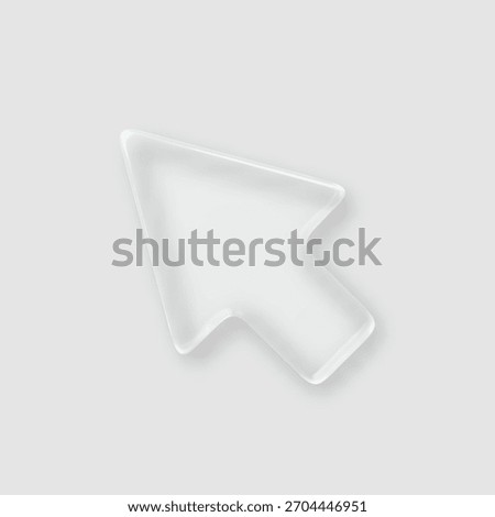 3D glass cursor with transparent crystal effect. Glossy mouse pointer icon with glassmorphism design, abstract arrow shape for modern UI elements and tech interface illustration