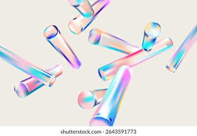 cilindros de vidro 3D. Composição abstrata de formas geométricas iridescentes.