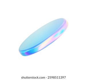 3d glass disk shape hologram effect. Render abstract neon gradient pink blue coin. Fly podium, disc, badge, coin, lens, plate crystal texture isolation. Y2k hologram shape. Vector trendy illustration