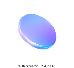 3d glass disk shape hologram effect. Render abstract neon gradient pink blue coin. Fly podium, disc, badge, coin, lens, plate crystal texture isolation. Y2k hologram shape. Vector trendy illustration
