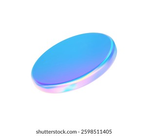 3d glass disk shape hologram effect. Render abstract neon gradient pink blue coin. Fly podium, disc, badge, coin, lens, plate crystal texture isolation. Y2k hologram shape. Vector trendy illustration