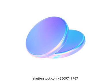 3d glass disk shape hologram effect. Render abstract neon pink blue coin. Fly round podium, disc, badge, lens, plate crystal isolation. Y2k hologram shape. Vector trendy illustration