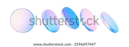 3d glass disk shape hologram effect. Render abstract neon pink blue coin set. Fly round podium, disc, badge, lens, plate crystal isolation. Y2k hologram shape. Vector trendy illustration
