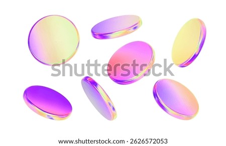 3d glass disk shape hologram effect. Render abstract neon purple coin set. Fly round podium, disc, badge, lens, plate crystal isolation. Y2k hologram shape. Vector trendy illustration