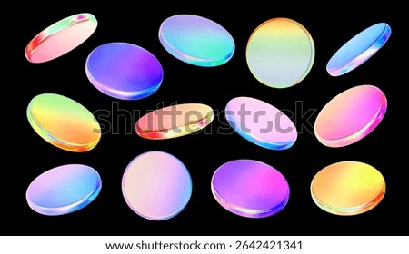 3d glass disk shape hologram effect. Render abstract neon orange green coin set. Fly round podium, disc, badge, lens, plate crystal isolation. Y2k hologram shape. Vector trendy illustration
