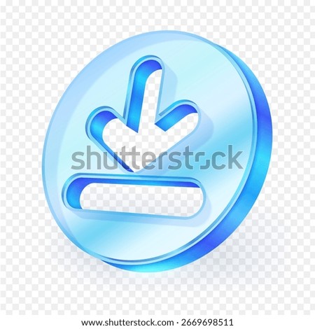 3D glass download icon button, isolated on transparent background. Modern design represents concepts like saving, data, file, internet and technology. Vector illustration.