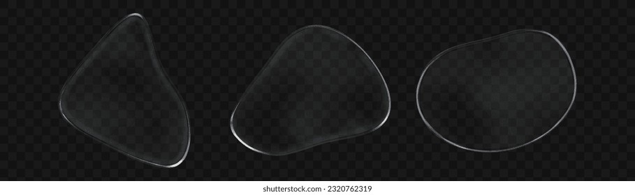 Vector de gota de vidrio 3d. Resumen de la forma transparente y realista del blob. marco de burbuja brillante aislado con conjunto de textura brillante de plástico. Figura de símbolo de condensación pura líquida con reflexión luminosa