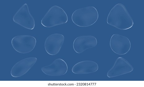 3d glass droplet vector. Transparent blob shape bubble with glossy texture. Isolated pure plastic modern waterdrop template icon. Abstract gloss tear or dew object collection. Clear fluid frame