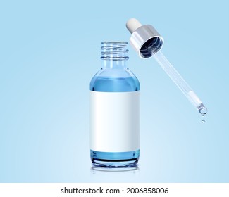 3D-Glastropfflasche mit Pipette einzeln auf blauem Hintergrund. Container-Muster für Serum, Essenz und ätherisches Öl.