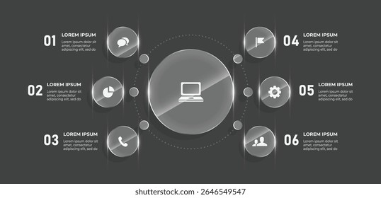 3D Glass Effect 6 Step Business Flow Chart Infographic Featuring Communication and Community Icons