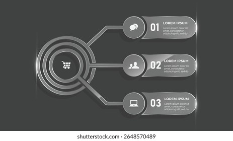 Infográfico de negócios de efeito de vidro 3D com fluxograma de 3 etapas e visualização dinâmica de linha de tempo
