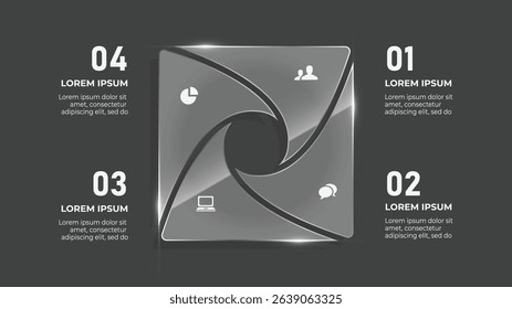 3D Glass Effect Circle Infographic with 4 Steps and Arrows for Business Cycle, Finance, and Data Flowchart
