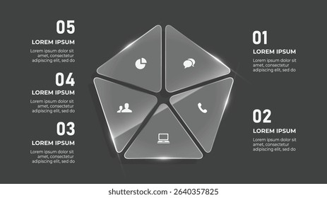 3D Glass Effect Circle Infographic with 5 Business Steps – Creative Timeline with Attention and Hazard Icons