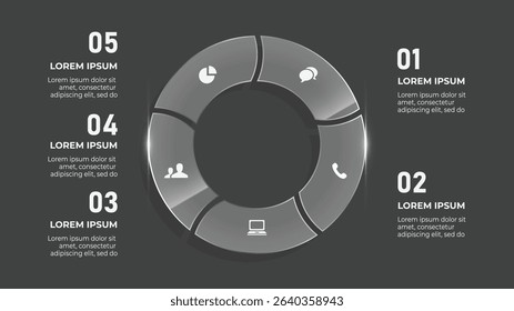 3D Glass Effect Circle Infographic with 5 Business Steps – Fitness and Health Timeline with Workout Icons