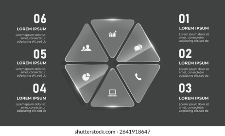 3D Glass Effect Circle Infographic. 6 Step Business Timeline with Medical Care, Injury Aid, and Healing Icons