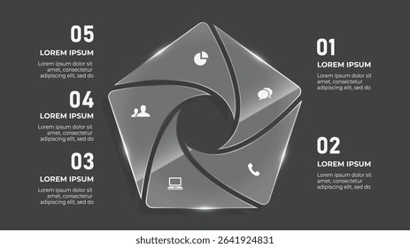 3D Glass Effect Circle Infographic. 5 Step Business Timeline with Fashion, Tech, and Lifestyle Concept Elements