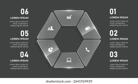 3D Glass Effect Circle Infographic. 6 Step Business Timeline with Digital Devices, Media Icons, and Application Interface Elements