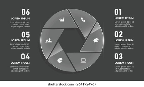 3D Glass Effect Circle Infographic. 6 Step Business Timeline with Directional Arrows, Cloud Elements, and Web Interface Icons