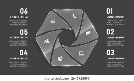 3D Glass Effect Circle Infographic. 6 Step Business Timeline with Camouflage Concept, Anonymity Icons, and Military Graphic Elements