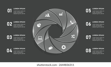 3D Glass Effect Circle Infografik - 8 Step Business Timeline mit festlichen Feier- und Unterhaltungselementen